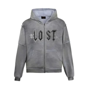 Lost Intricacy Grey Grunge Zip Up Hoodie